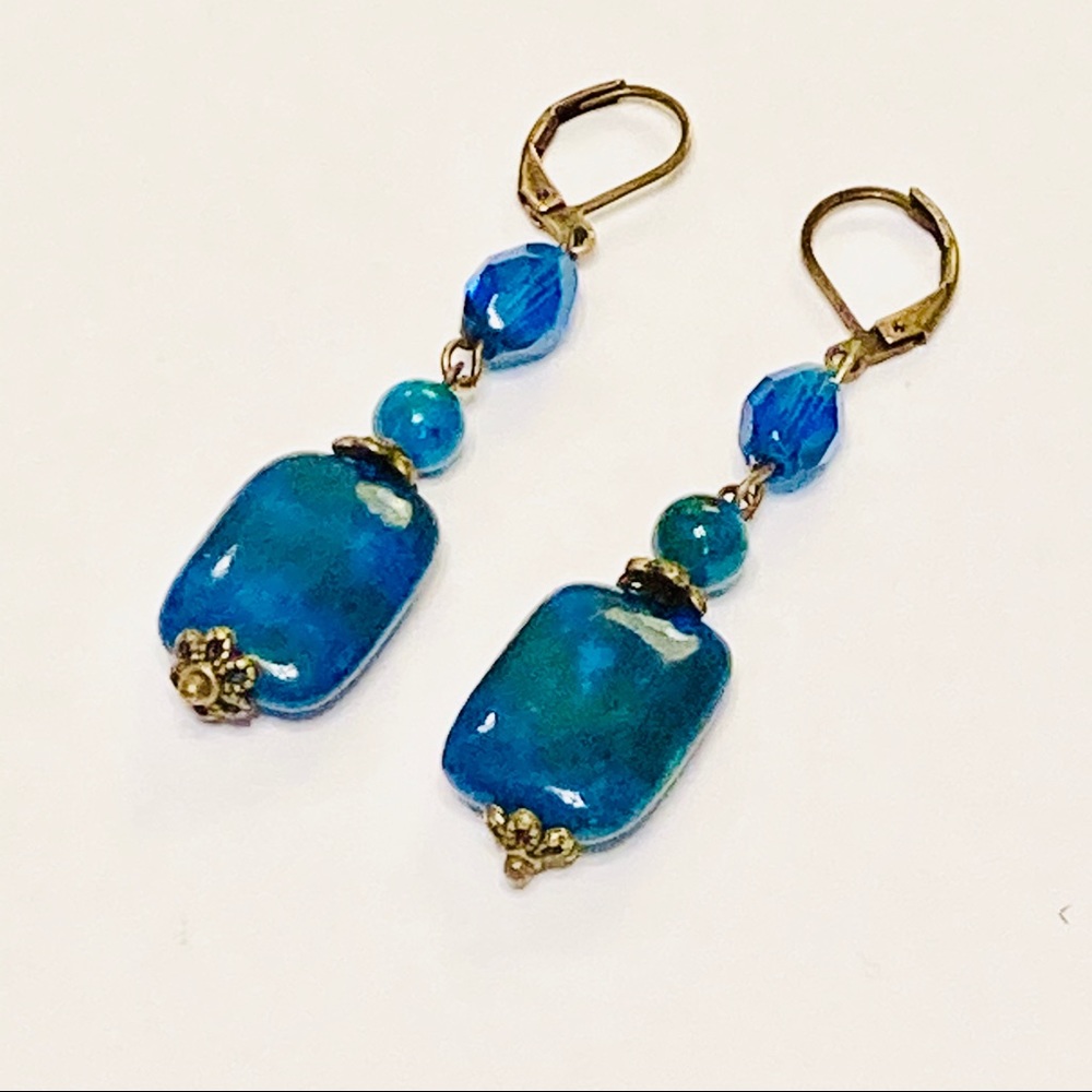 Artsy Blue Green & Teal Chrysocolla Stone & Turquoise Crystal Bohemian Earrings